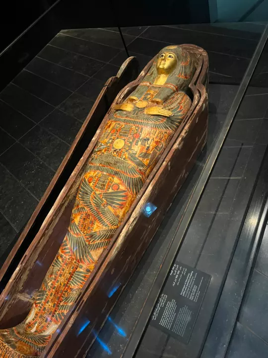 A richly painted ancient Egyptian coffin displayed in a dark gallery.