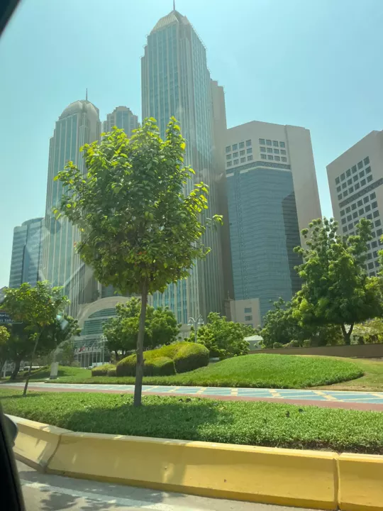 Tall modern buildings and vivid green landscaping seen through a taxi window in Abu Dhabi.